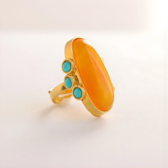 Baltic Amber and Turquoise Gold Ring- 14k Gold Plated Sterling Silver - Picture 4 of 9